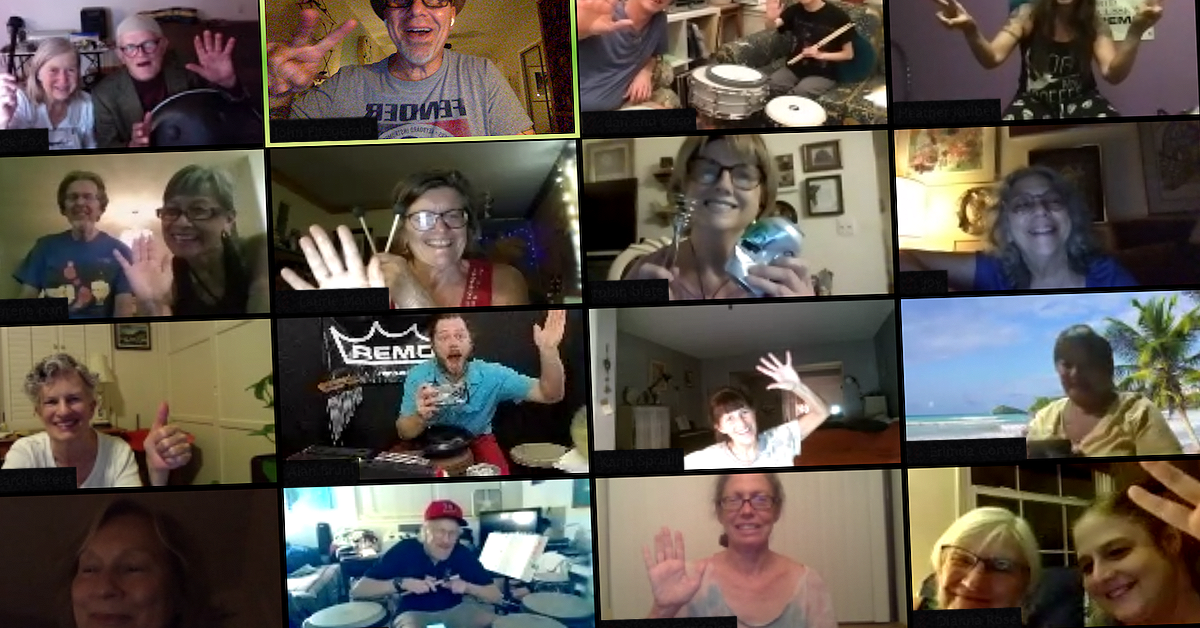 A collage of photos of a people drumming together online.